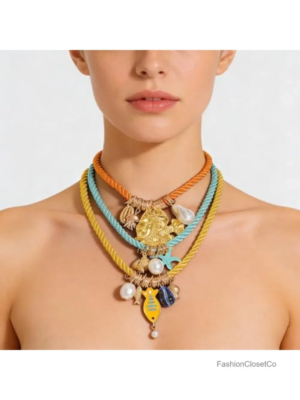 Boho Layered Pendant Rope Necklace for Women, Summer Beach 3 Tier